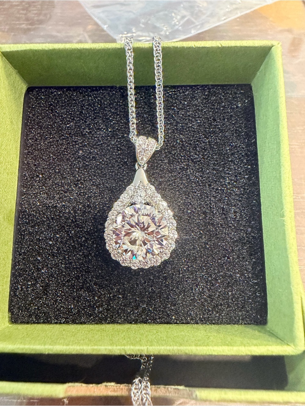 Classic Silver Teardrop Halo Pendant Necklace - White